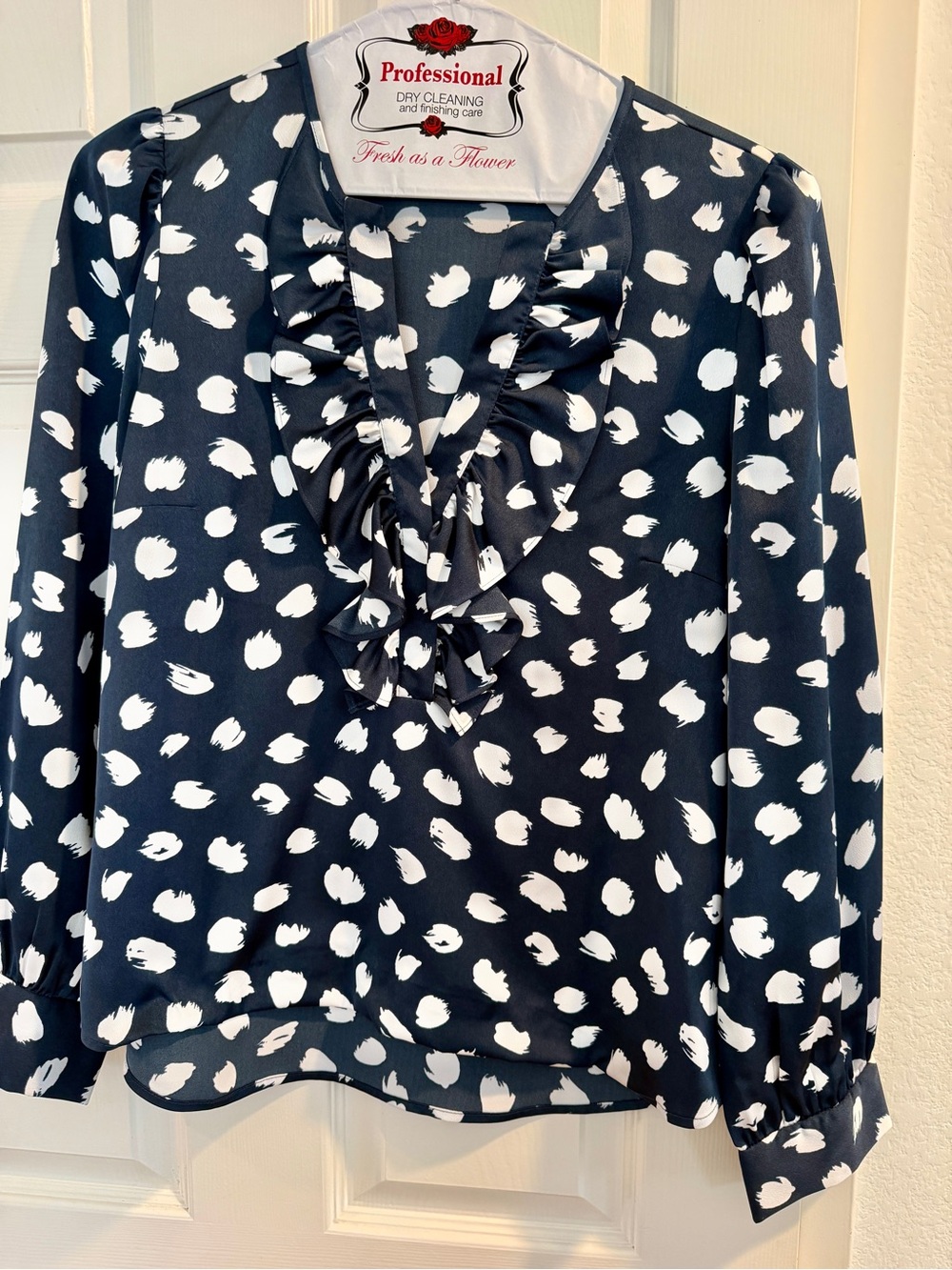 J. Crew Navy and White Ruffle V-Neck Blouse